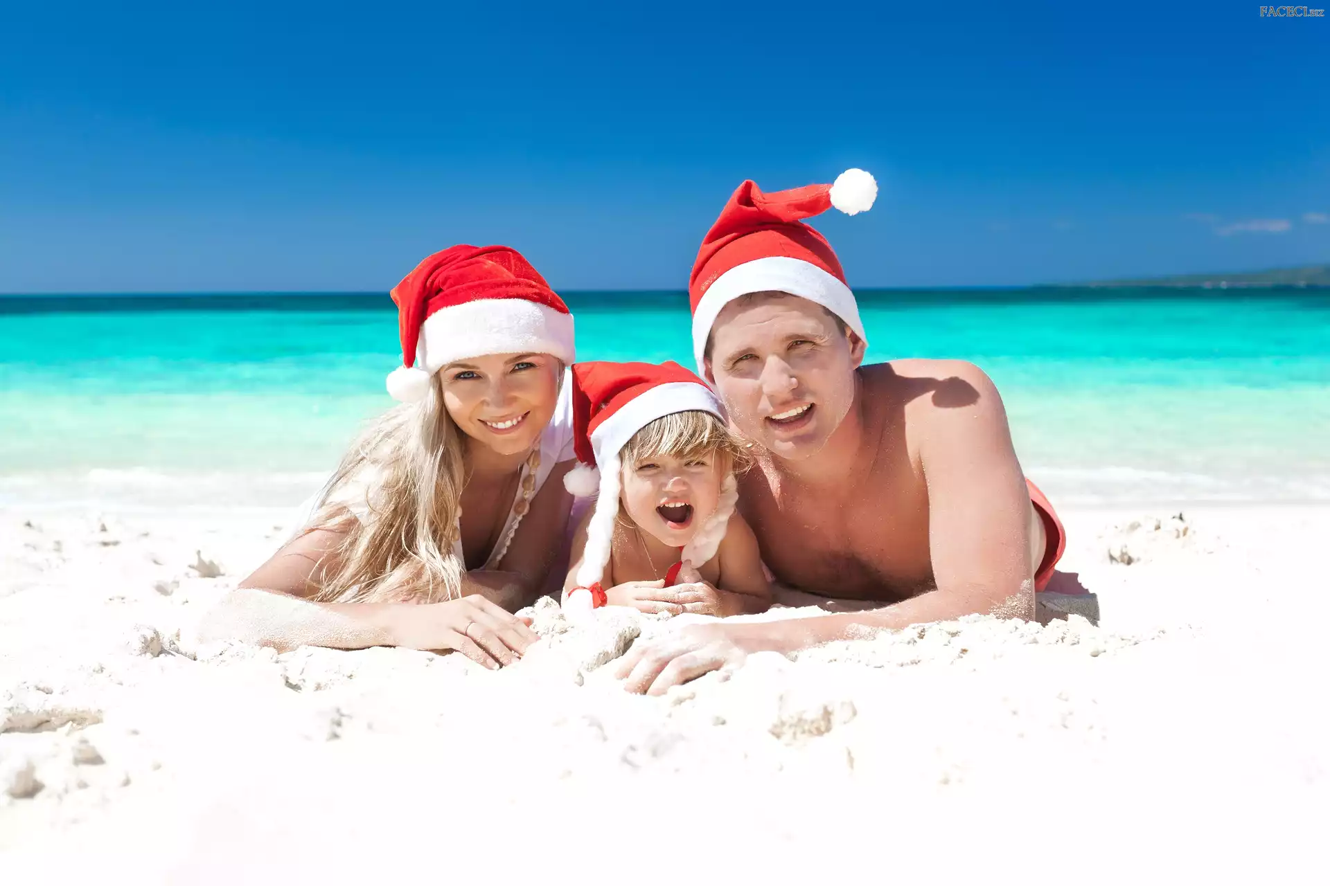 Dziecko, Kobieta, Mikołaja, Czapki, Mężczyzna, Plaża